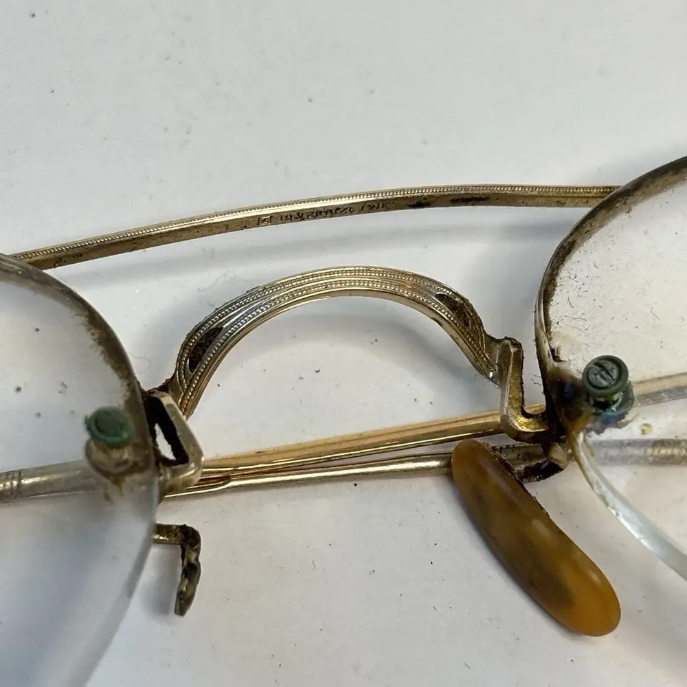 Antique Bausch & Lomb 1/10 12K GF Rimless Round Eyeglasses Bifocals w Case